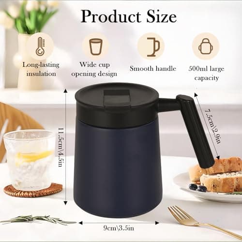 HZXYchen 500ml Thermal Mug with Handle, Stainless Steel Insulated Travel Cup, Leak-Proof Coffee Flask for Office, Car & Camping, Keeps Drinks Hot/Cold All Day (Navy Blue) — view 2