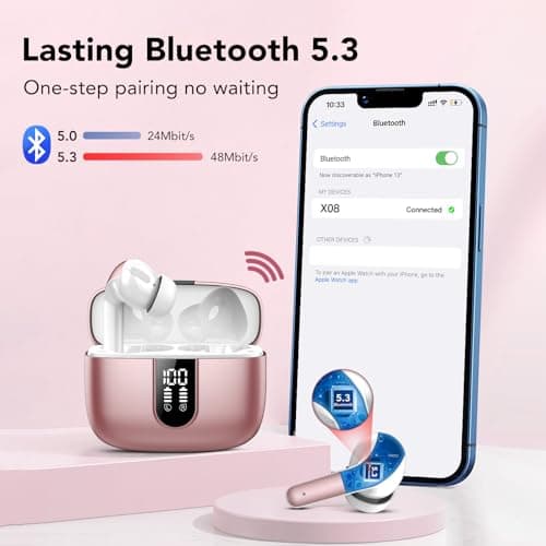 Ear Buds Wireless Earbuds, 50H Playtime Bluetooth Earbuds, Bluetooth Headphones 5.3, Bass Boost 85%, In Ear Headphones with 4 ENC Call Noise Cancelling Mics, Earbuds IPX7 Waterproof, USB-C Pale Rose — view 4