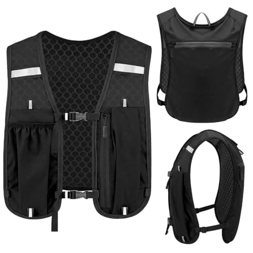 Running Vest with Water Bottles, Hydration Pack for Trail Running and Hiking, Adjustable Storage Compartments with Reflective Details for Outdoor Activities, Black Colour One Piece