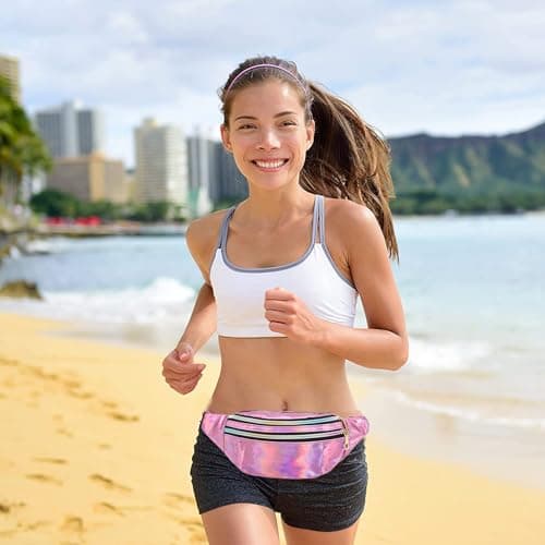 BAIYSFFG Metallic Fanny Pack Fashionable Waist Bag Waterproof Belt Bags Unisex Fashion Waist Casual Travel Bum Bag with 3 Zipper Pockets for Women Men Sports Running Hiking Jogging (Purple) — view 3