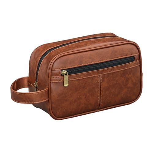 Ethlomoer Leather Toiletry Bag for Men – Brown High-Capacity Waterproof Toiletry Bag with Compartments, Travel Wash Bag for Men, Contrast Color Design