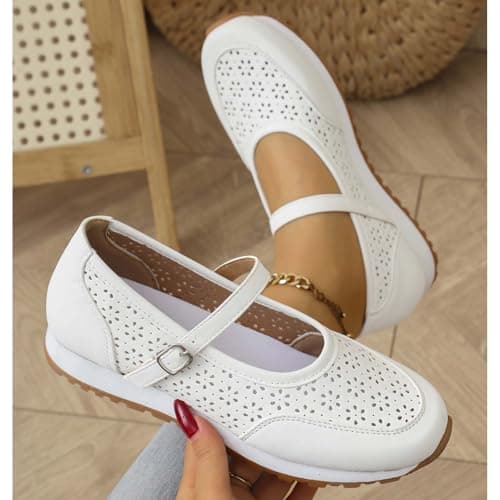 Women's Vintage Perforated Mary Jane Sneakers Chic Buckle Loafers Breathable Walking Shoes for Travel and Weekend Trips White — view 3