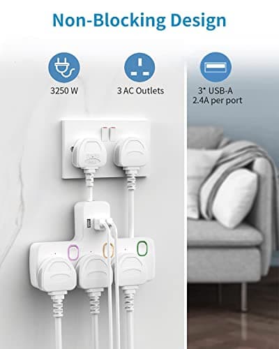 Multi Plug Extension 3 Way 3 USB with Flexible Plug, Mscien Individual Switched Socket Extension Adapter, Plug Extension Adapter — view 2