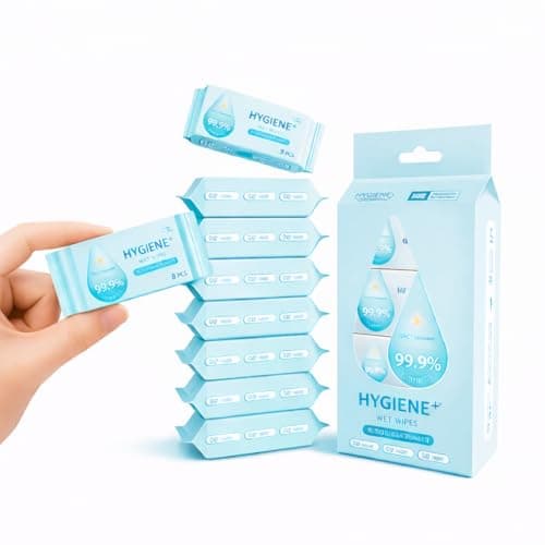 HYGIENE+ Wet Wipes, Pocket Size Disinfecting Wipes (8 Count/Pack) – Travel-Friendly Cleaning Wipes for Hands, Phone, Car, Office, Gym & Kids, On-the-Go Hygiene Solution (4)