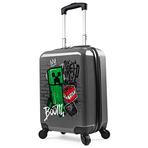 Minecraft Suitcase Kids Teens Creeper Hard Shell Luggage Travel Case 4 Wheels Handle Travel Essentials Holiday School Trips (Grey, S/L49cm x W33cm - 30L)