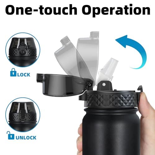 OLDLEY Stainless Steel Water Bottle with Straw 1L Vaccum Insulated Large Drink Flask Metal Water Bottles 1 Litre Leakproof Keep Drinks Hot Cold for Sports Gym Travel Adult Women Men(Black Grey, 1 Lid) — view 3