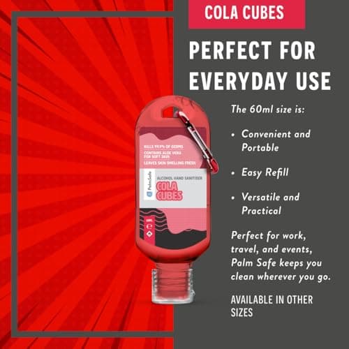Palm Safe Cola Cubes 60ml Anti Bacterial Premium Hand Sanitiser Travel Size Refillable Clip Bottle Quick Drying Non Sticky Extra Moisturising Kills 99.9% of Viruses and Bacteria — view 5