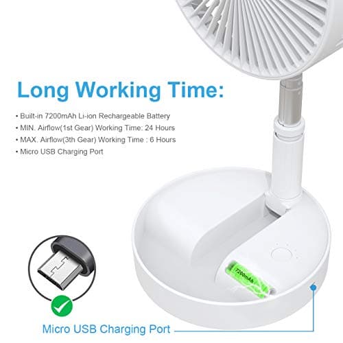 Rechargeable Portable Desk Foldaway Fan with Battery , Working Time 6~24 Hours 4 Speed settings Stretchable Quiet Floor wireless Fan for Outdoor Camping Tent Travel and Home office Personal Use,White — view 5