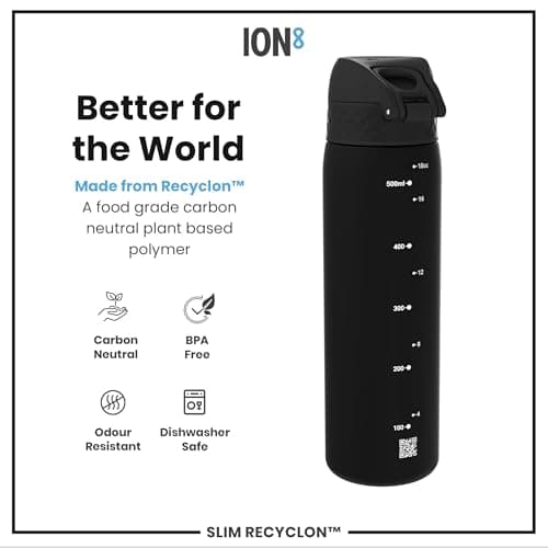 Ion8 Water Bottle, 500 ml/18 oz, Leak Proof, Easy to Open, Secure Lock, Dishwasher Safe, BPA Free, Hygienic Flip Cover, Carry Handle, Fits Cup Holders, Easy Clean, Carbon Neutral, Black — view 5