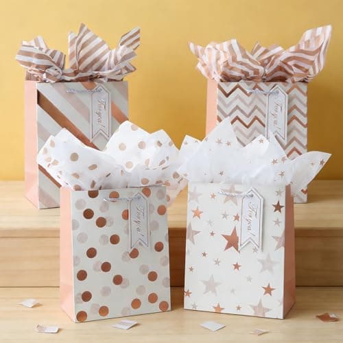 4Pack Medium Gift Bags with Tissue Paper,Rose Gold,4 Design,18 x 23 x 10CM — view 6