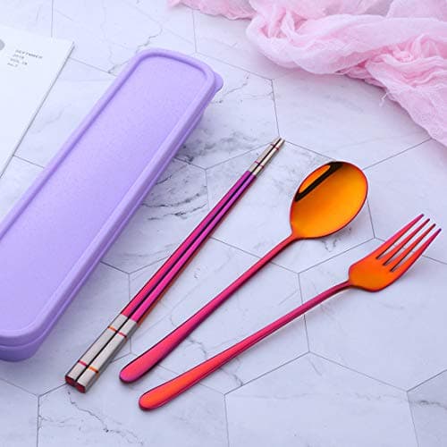 SBOMHS Stainless Steel Portable Travel 3-Piece Cutlery Set with Case Fork Spoon Chopsticks for 1 Camping Flatware for School Picnic Utensils Brown Red — view 2