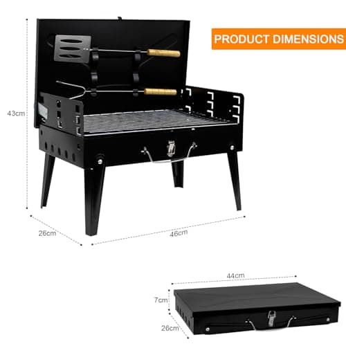 Crystals Portable Charcoal BBQ Grill, Foldable Stainless Steel Camping Barbecue with Tool Set, Small Travel Mini BBQ for Garden, Picnic & Outdoor Cooking, Black — view 2