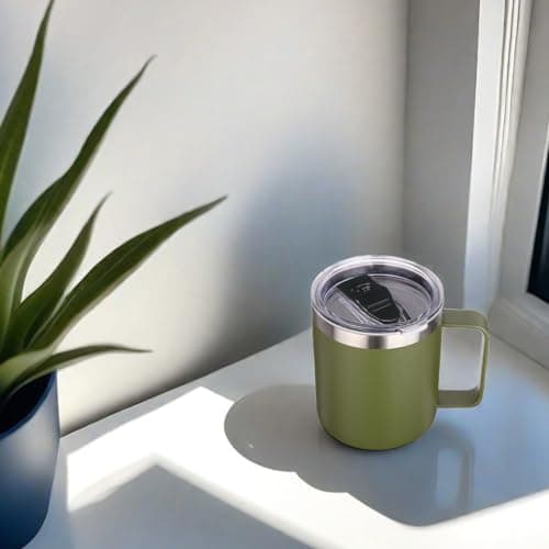 Volhoply 14oz Insulated Stainless Steel Coffee Mug with Leakproof Lid,Double Wall Vacuum Travel Coffee Cup with Handle,Reusable Metal Tumbler,Camping Mugs Keep Hot,Christmas Gifts(Army Green,1) — view 5