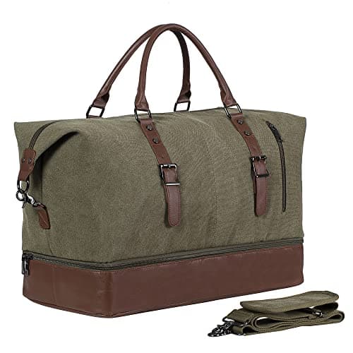 Travel Bag with Shoe Pouch,Weekender Overnight Bag Canvas PU Leather Large Carry On Bag Travel Tote Duffel Bag for Men or Women,Green