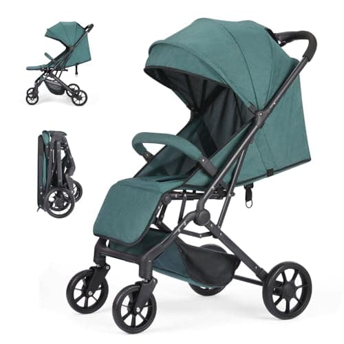 Convenience Baby Stroller – Lightweight & Compact Travel Umbrella Stroller, Quick One-Hand Fold, Lockable Rear Wheels, Adjustable Canopy, 5-Point Safety Harness & Shopping Basket (Dark Green)