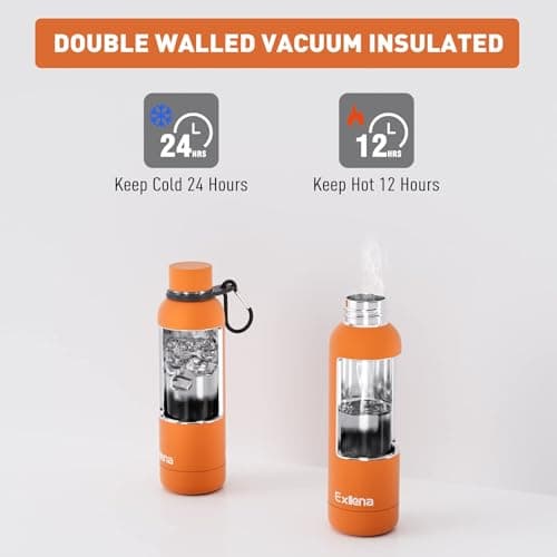 Exllena Insulated Water Bottle 500ml with Buckle, Double Wall Vacuum Insulated - 12 Hrs Hot/24 Hrs Cold, Stainless Steel - BPA Free (Orange) — view 4