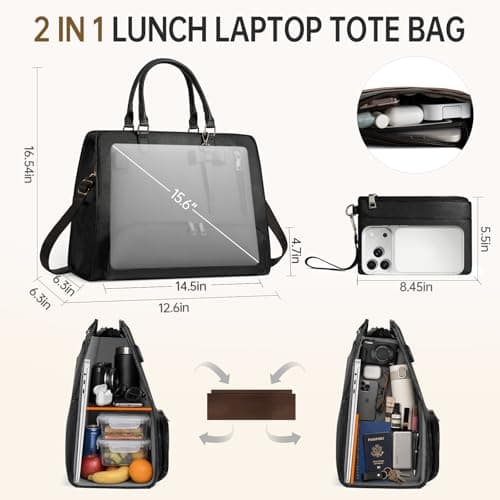 Tiostep 2-in-1 Lunch Tote Cooler Bag for Women — Laptop Bag & Insulated Lunch Compartment, Detachable Wristlet Wallet, Fits 15.6-Inch Laptop, Perfect for Work, Picnic & Travel (Black) — view 2