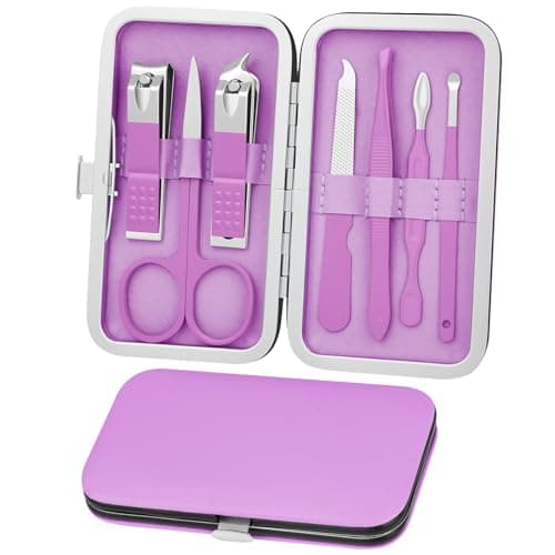 ALIIP Manicure Set 7-Piece Professional Nail Clipper Set with Leather Case, Portable Travel Nail Care Kit for Women, Stainless Steel Nail Grooming Kit for Home & Gifts,Purple