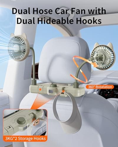 xuenair Dual 360 Hose Battery Powered Fan for Car Back Seat, 2 Storage Hook — view 4