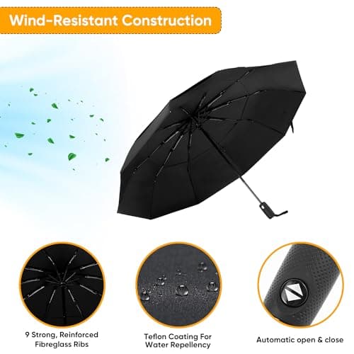 ASAB Travel Umbrella with 9 Rib Design Lightweight Compact Automatic Umbrella Auto Open and Close One Hand Operation Rust Resistant Windproof Pocket Umbrella with Convenient Cover for Men Women Black — view 3