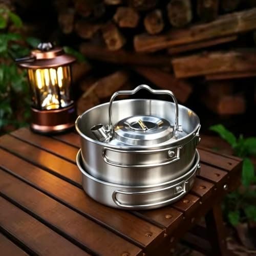 Stainless Steel Camping Cookware Set 3-Piece Non-Stick Outdoor Nesting Pot Pan Kettle Set Stainless Steel Camping Cookware Kit 3pcs Non-Stick Frying Pan Compact Stainless Steel Pot Set 16x16x23cm — view 6