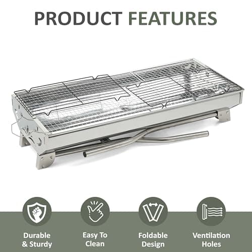 Crystals Large Folding Portable Stainless Steel Charcoal BBQ Grill – Lightweight Outdoor Barbecue for Camping, Hiking, Garden & Picnic | Compact Foldable Metal BBQ Stove - 74 x 72 x 32cm — view 5