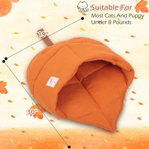 TANGN Cat Sleeping Bag, Linen Fabric Bed Cave Leaf Nest Pet Cuddle Zone Covered Hide Hood Burrowing Cozy Soft Durable Washable with Non-Slip Bottom for Indoor Puppy and Kitten (Orange) — view 4