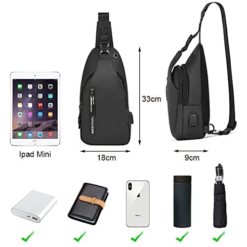 Aucuu Shoulder Bags Chest Bags, Usb Rechargeable Sling Bags, Crossbody Daypacks Small Backpacks, Anti-theft Waterproof Lightweight One Strap Rucksack Messenger Bags for Hiking, (Black) — view 2