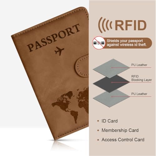 OFFCUP Passport Holder Cover, PU Leather Passport Cover and Luggage Tag Set with RFID Blocking Travel Wallet, Universal Travel Wallet Case Organiser for Money, Boarding Passes, Credit Cards Brown — view 5