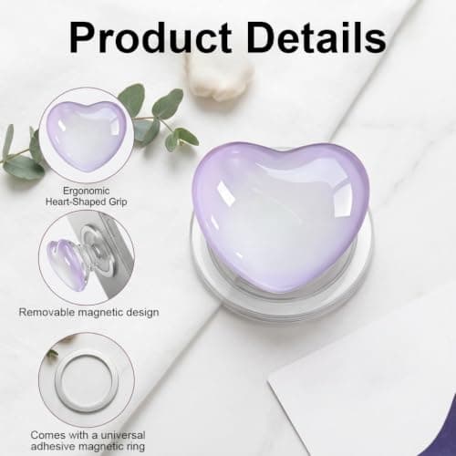 Magnetic Phone Grip, Purple Heart Pop Socket with Metal Ring Detachable Expandable Kickstand Ring Holder for Magsafe Adjustable Hand Holder Compatible with iPhone Smartphones E-readers — view 3