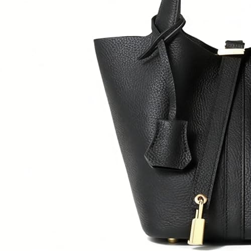Genuine Leather Handbag for Women: Shoulder Bag with Lock Design, Versatile and Top Handle, Fashionable Vegetable Basket, Black/White, 7.5 x 5.9 x 7.1 pulgadas — view 5