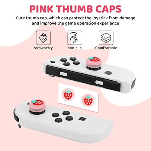 FANPL Carrying Case for Nintendo Switch and Switch OLED Accessories, Pink Strawberry Travel Case Bundle with Adjustable Shoulder Strap, Thumb Grips, Hard Switch Protective Case Cover Anti-Scratch — view 4