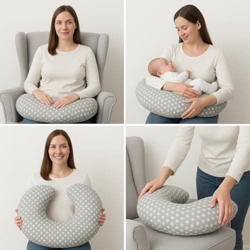 Babymam Feeding Pillow for Baby and Mum – Nursing Cushion with Removable 100% Cotton Cover – U-Shaped Breastfeeding Support – Stars with Grey — view 2