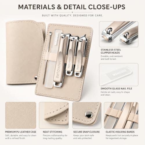 5PCS Manicure Set, Stainless Steel Nail Clippers Kit with Glass Nail File, Portable Pedicure and Grooming Tools in PU Leather Case for Travel and Home - Beige — view 5
