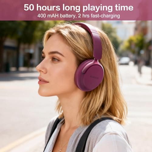 RORSOU B8 Bluetooth Headphones Over Ear, 6 EQ Music Modes and 50H Playtime Deep Bass Wireless Headphones with Mic, Lightweight Folding HiFi Stereo Headset for iPad/Travel/Tablet/PC/Home Red — view 6