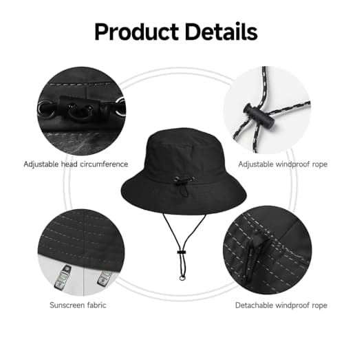 Waterproof Bucket Hat for Men and Women, Foldable Boonie Sun Hat with Wide Brim, UPF 50+ UV, Adjustable Chin Strap, Quick Dry Rain Hat for Fishing, Hiking, Camping, Travel and Outdoor Use (Black) — view 5