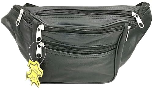 LTG 100% Genuine Leather Bum Bag – Black & Brown Fanny Pack Waist Belt with 4 Zipped Pockets – Unisex Travel Holiday Sports Gym Running Hip Purse Adjustable Strap