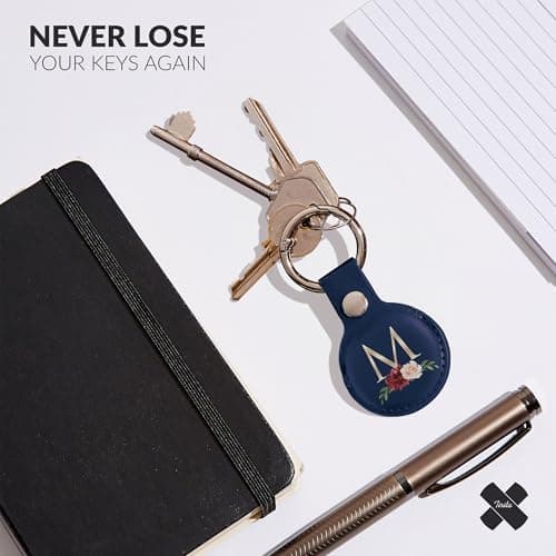 Tirita Personalised Case Keyring Holder Compatible with Apple AirTag 1 & 2 - Leather Case with Key Ring for Apple Air Tag [09- Roses Monogram Gold on Blue] — view 2