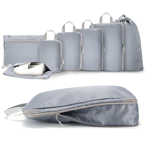 MEUVO Compression Packing Cubes for Suitcases – 7 Pack Suitcase Organiser Bags, Durable Luggage Organizer Bags for Suitcase or Backpack, Grey