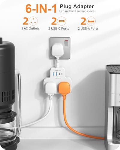 Multi Plug Extension Socket with 4 USB Ports, ANVODE 2 Way Plug Adaptor with Flexible Cable, Short Extension Lead Double Adapter Plug UK for Bedroom, Office, Kitchen. White — view 2