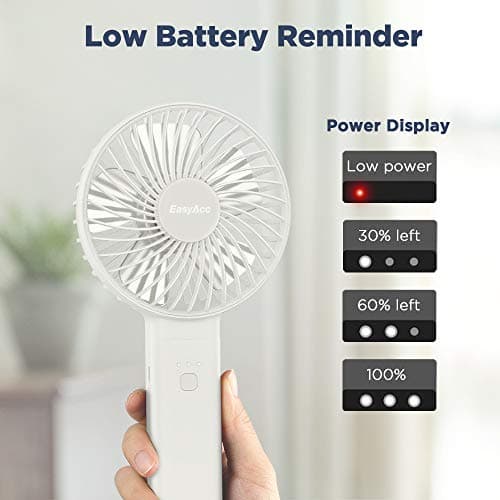 EasyAcc Handheld Fan, Portable, Battery, USB Fan/Portable Mini Fan, Electric, 17 Hour Rechargeable Battery, Foldable, Compatible with Laptop Multi Port Socket for Travel, Home, White — view 3