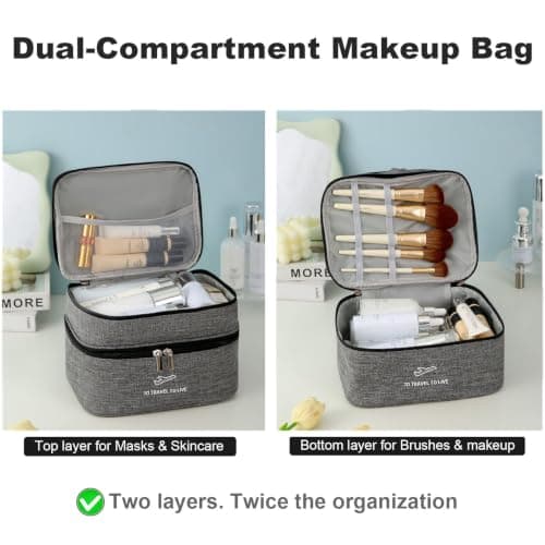 Travel Makeup Bag for Women, Large Capacity 2-Layer Cosmetic Organiser with Makeup Brush Organiser, Water-Resistant Durable Nylon Toiletry Bag, Portable Make Up Bags Case for Travel, Home Use (Black) — view 2