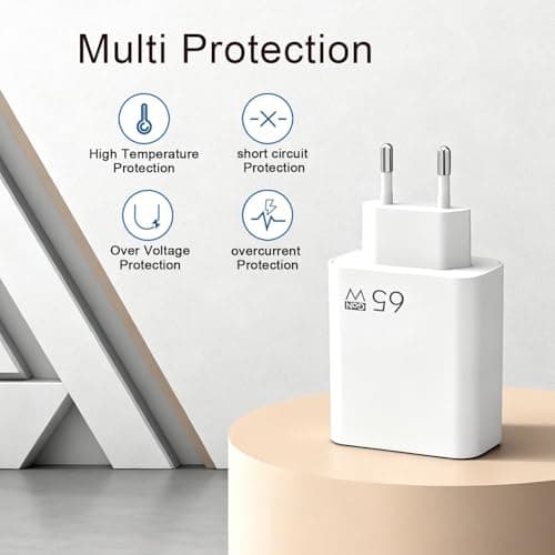 EU plug travel adapter charger, 65W European wall adapter with USB C fast charging port and USB A port, European universal fast charger compatible with iPhone/Samsung/power banks — view 6