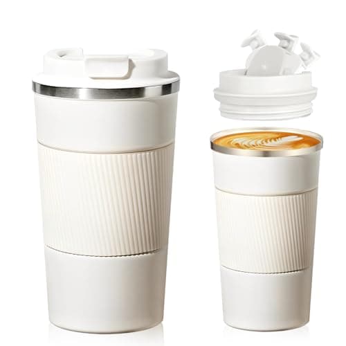 Senshuomy Travel Mug, Insulated Coffee Cup with Leakproof Lid, Reusable Coffee Cups Travel Cup, Stainless Steel thermaol Mug for Hot Cold Drinks (White 380ml)