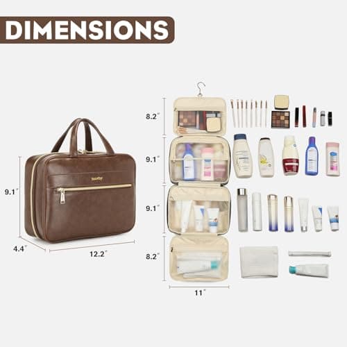 Yeiotsy Hanging Travel Toiletry Bag - Waterproof Vegan Leather Organizer with Wet-Dry Compartments, Foldable Design for Camping, Gym, Shower & Business Trip (Coffee, Large) — view 3