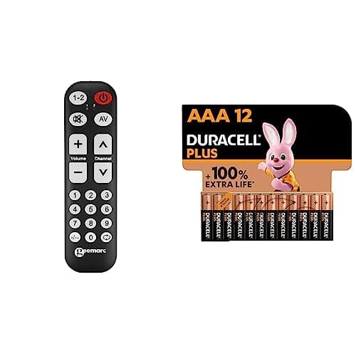 Geemarc TV10 - Easy-to-use Universal Remote Control with 19 Programmable Buttons for Seniors & Duracell Plus AAA Alkaline Batteries [Pack of 12], 1.5V LR03 MN2400