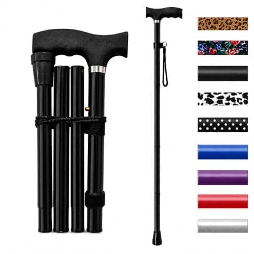 Life Healthcare Folding Walking Stick, Adjustable Aluminium Cane, Black