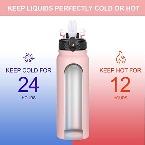 GOPPUS 600ml/20oz Stainless Water Bottle with Straw Double Wall Insulated Bottles with Strap One Hand Open Vacuum Thermal Flask with Flip Top Lid Leakproof Keep Cold Drinks BPA Free (Pink) — view 3