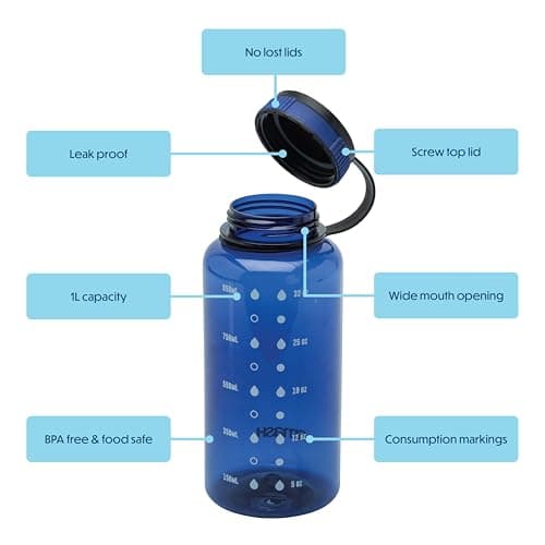 Smash 1 Litre Screw Cap Wide Mouth Water Bottle with Water Markings, Blue — view 2