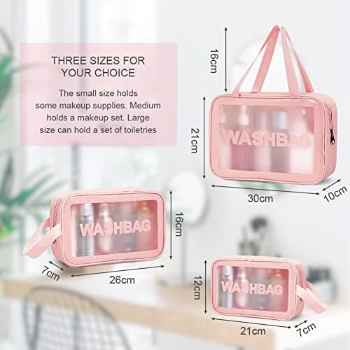 Aucuu 3PCS Clear Toiletry Bag, Wash Bag, Clear PU Makeup Bags, Waterproof Toiletry Travel Bags with Zipper Handle, Portable Airport Cosmetic B-ag for Travel Bathroom Men Women (Pink) — view 4